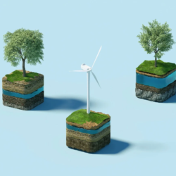 Picture showing two trees and a wind mill on three separate land blocks