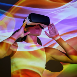 Picture showing a girl experiencing vision pro.