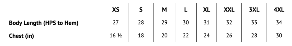 Sizing chart for adults. which says for size XS Height of the shirt is 27 inches and chest is 16 ½,