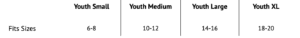 size guide for youth. Which states that Youth small fits sizes 6-8, youth medium fits sizes 10-12, youth large fits sizes 14-16 and youth XL fits sizes 18-20.